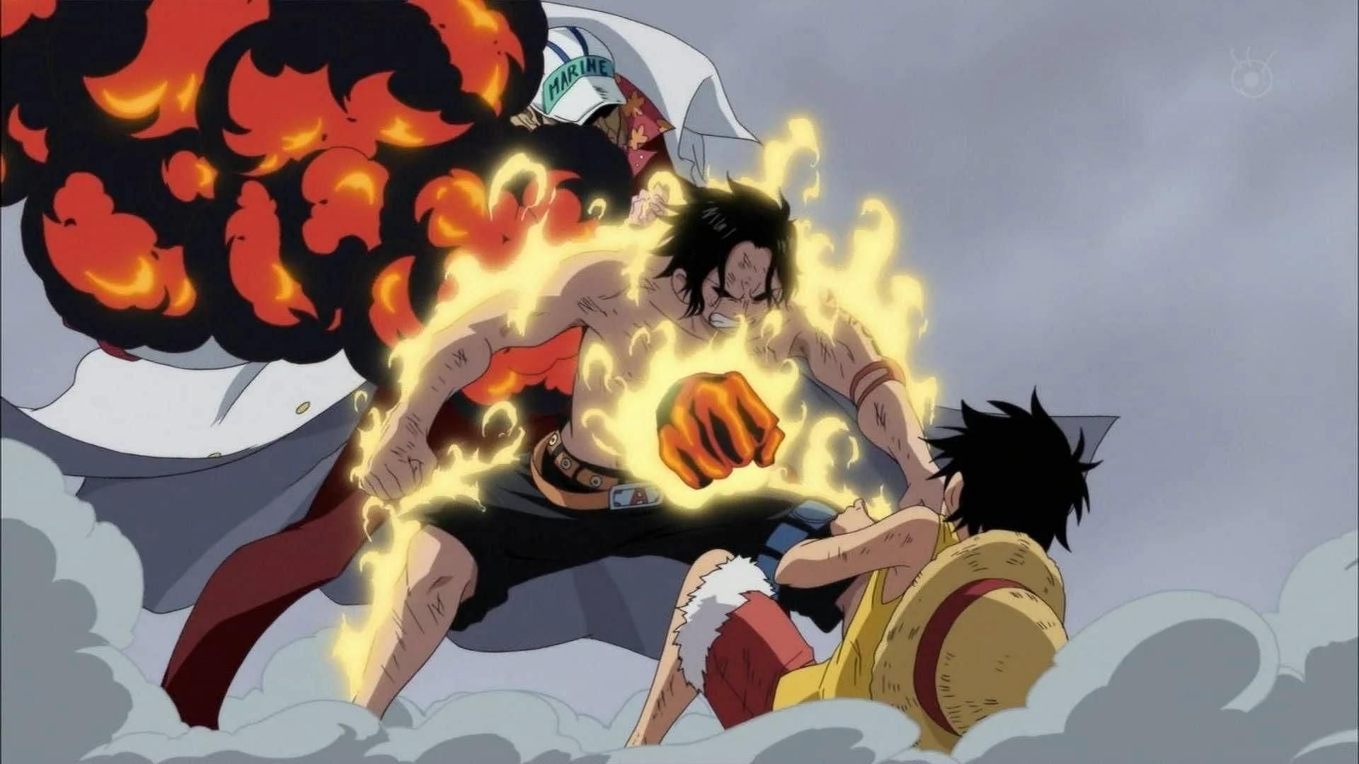 Ace comes in between Akainu's attack to save Luffy (Image via Toei Animation)
